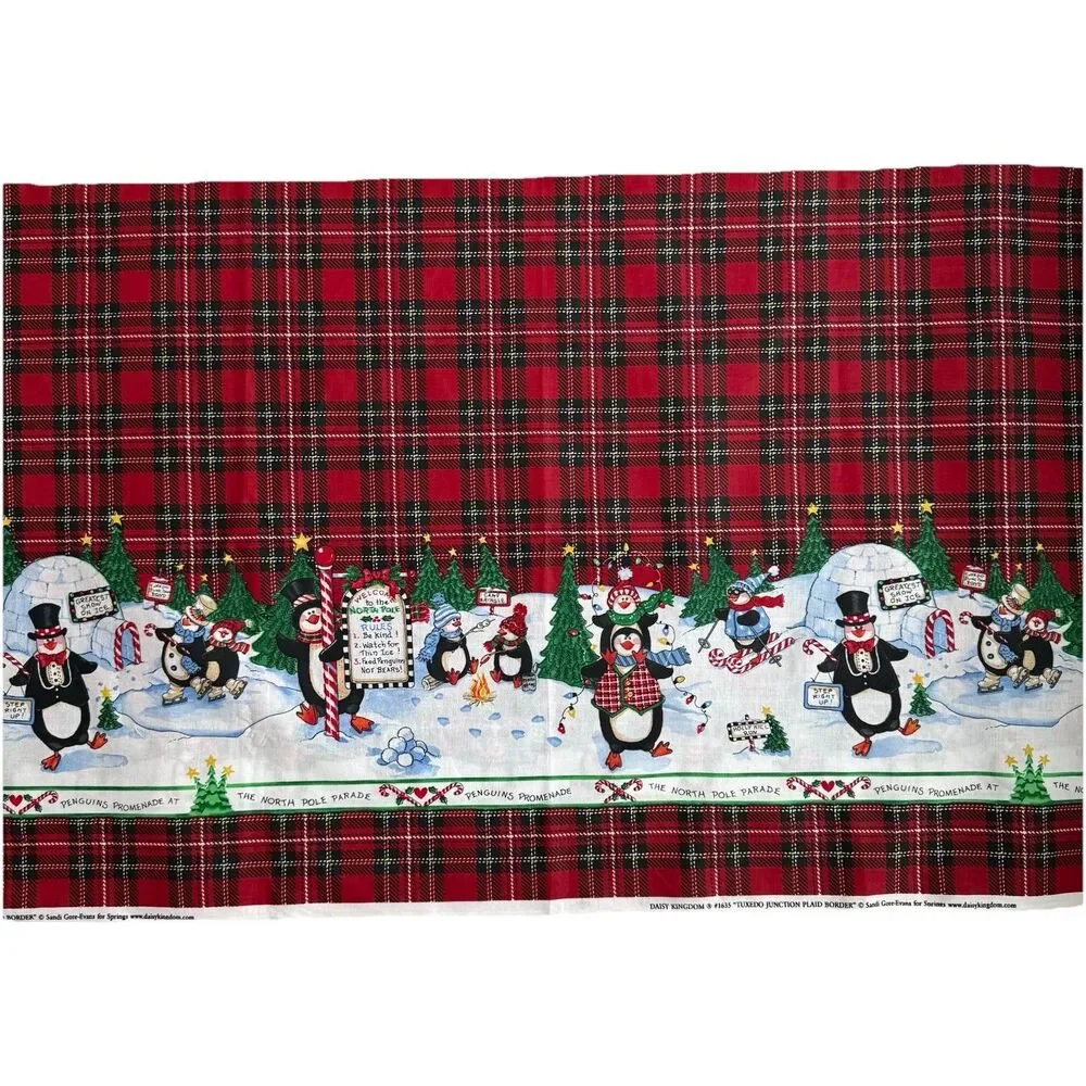 Vtg Daisy Kingdom Tuxedo Junction Plaid Border 1635 Penguins Double Fabric BTY